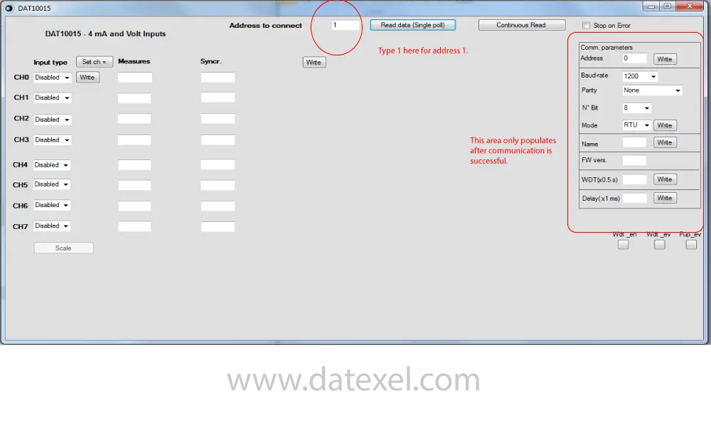 Selecting Address 1 on the DAT10015