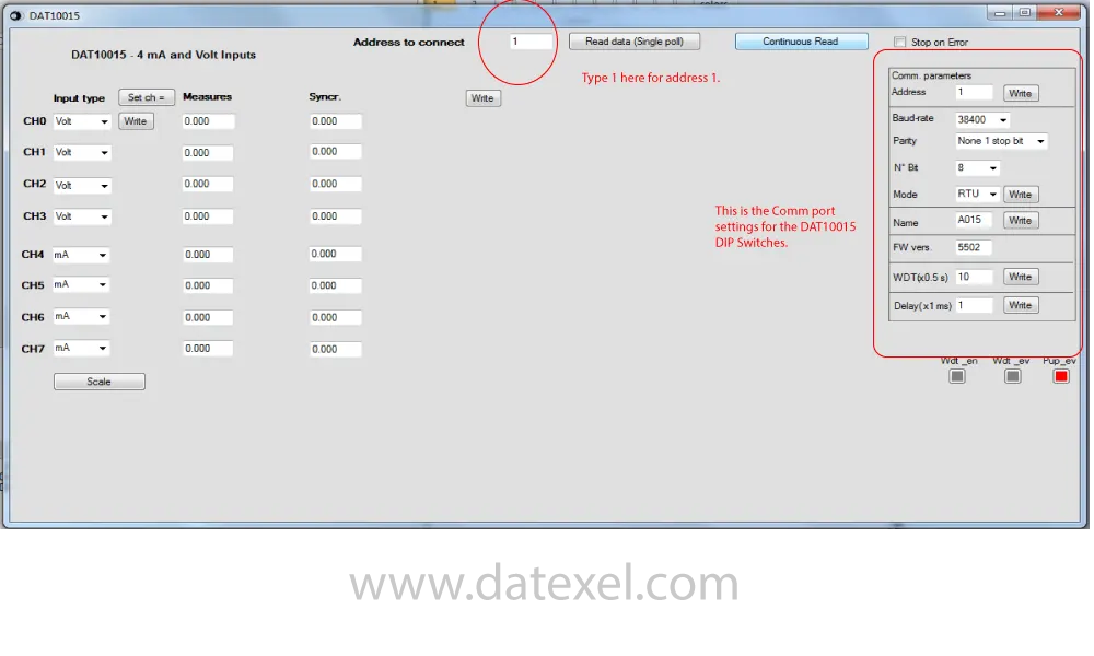 Selecting Voltage or Current input for the Modbus RTU DAT10015.