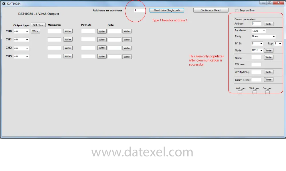 Selecting Address 1 on the DAT10024