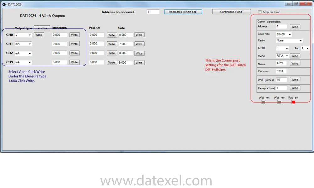 Selecting Voltage output for the Modbus RTU DAT10024.