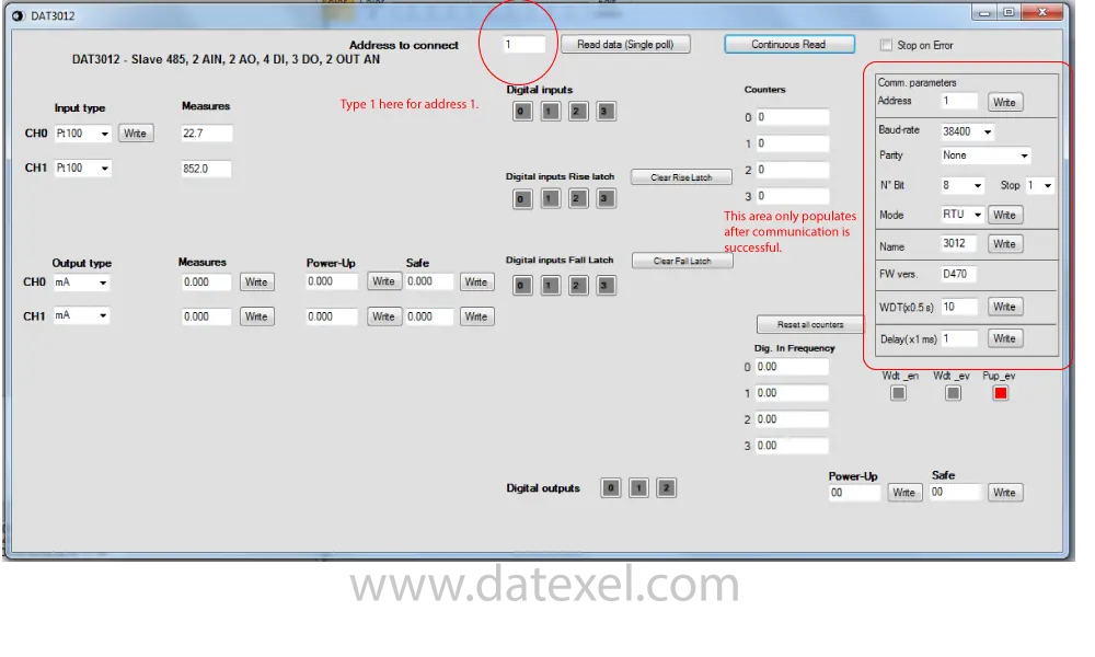 Selecting Address 1 on the DAT3012