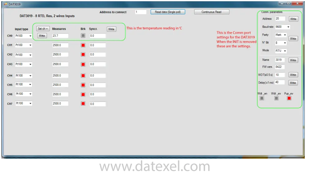 Continuing reading the temperature for the RTD on the DAT3019