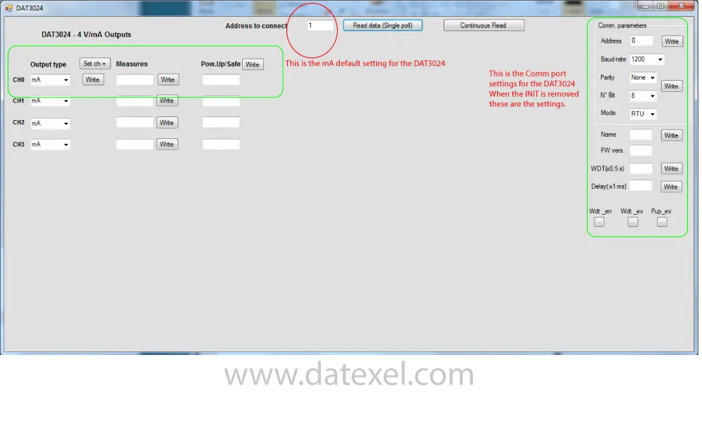 Selecting Address 1 on the DAT3024