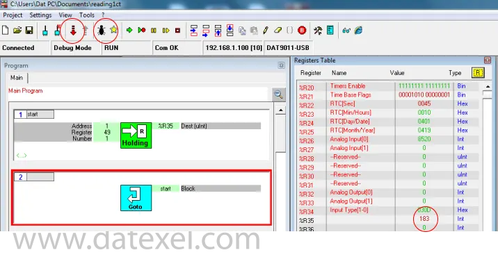 Storing Registers in Modbus Datalogger internet memory.