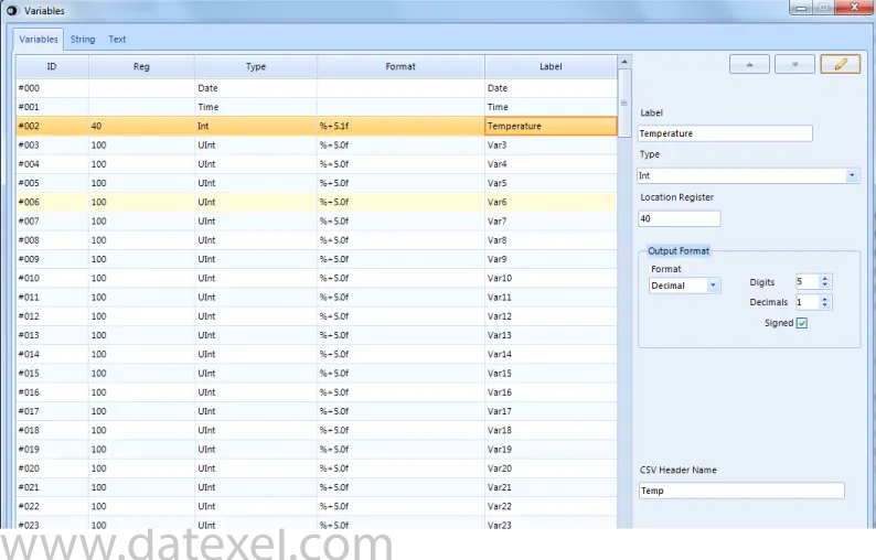 Setting the temperature for Data Logging