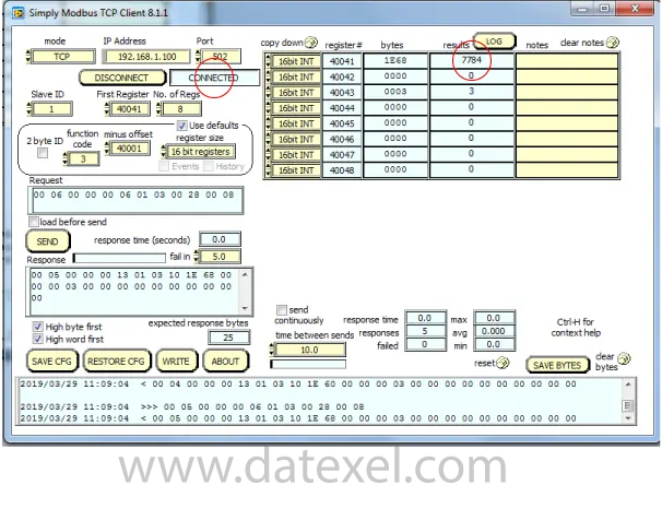 Reading the Modbus Client from the Modbus Server.